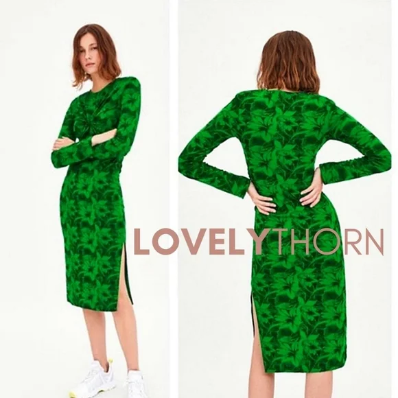 ZARA // kelly green floral printed fitted long sleeve side slit midi dress - Picture 7 of 11